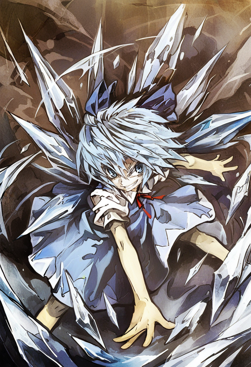 01626-76600404-1girl, solo, cirno, blue hair, wings, blue eyes, bow, hair bow, ice, smile, dress, short hair, grin, blue dress, ice wings, blue.png